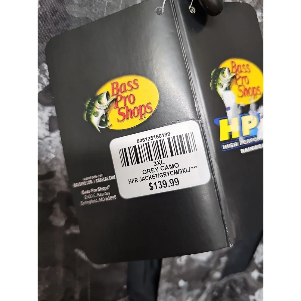 Bass Pro Shops, HPR, High Performance Rainwear Jacket, Grey Camo, 3XL, NEW